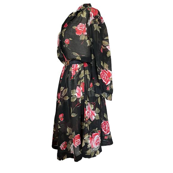 Vintage 1980s Retro Sheer Black Floral Cottagecore Midi Shirt Dress w/Pocket - Picture 3 of 11